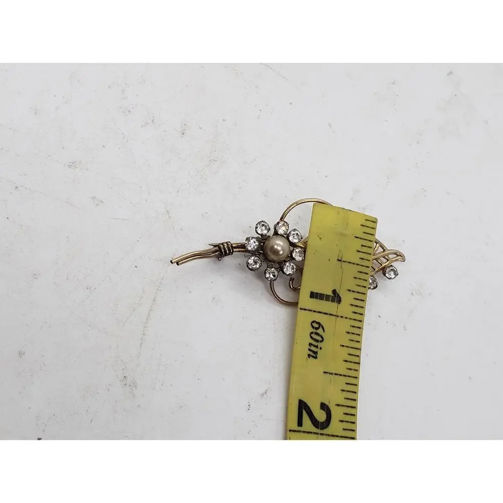 Vintage Van Dell 1/20 12K GF Gold Filled Rhinestone Pearl Leaf Floral Brooch Pin